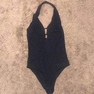 Black low cut halter body suit